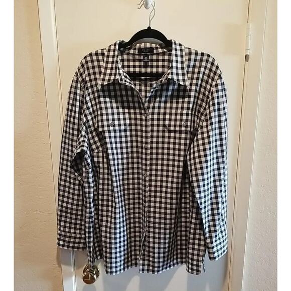Womens Plus Chaps Blouse Shirt Size 3X Black White Plaid Cotton L/Sleeve - Picture 5 of 11